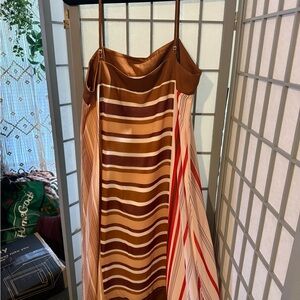 DKNY Brown, Cream & Red Striped Spaghetti Strap Maxi Dress